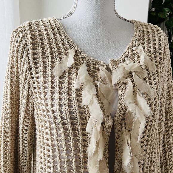 Chicos Tan Beige Chunky Waffle Knit & Soft Tattered Fringed Cardigan Sweater Med - Picture 2 of 8